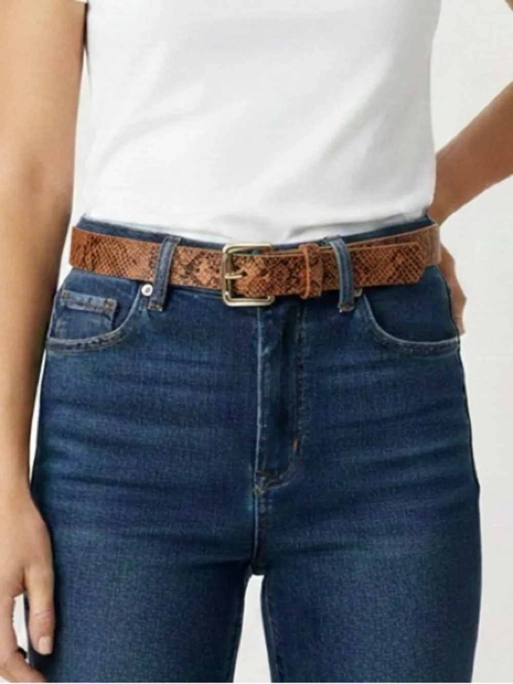 Zenana Outfitters Brown Snake-Embossed Skinny Belt with Gold Buckle